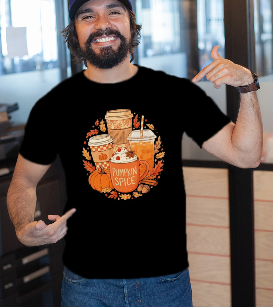 Pumpkin Spice Fall Coffee Drinks Autumn Leaves Acorns Cinnamon Sticks T-Shirt