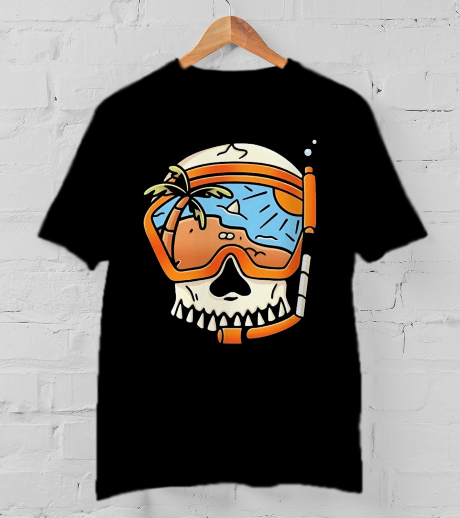 Skull Wearing Snorkel Mask With Tropical Beach Scene Palm Tree Sun T-Shirt