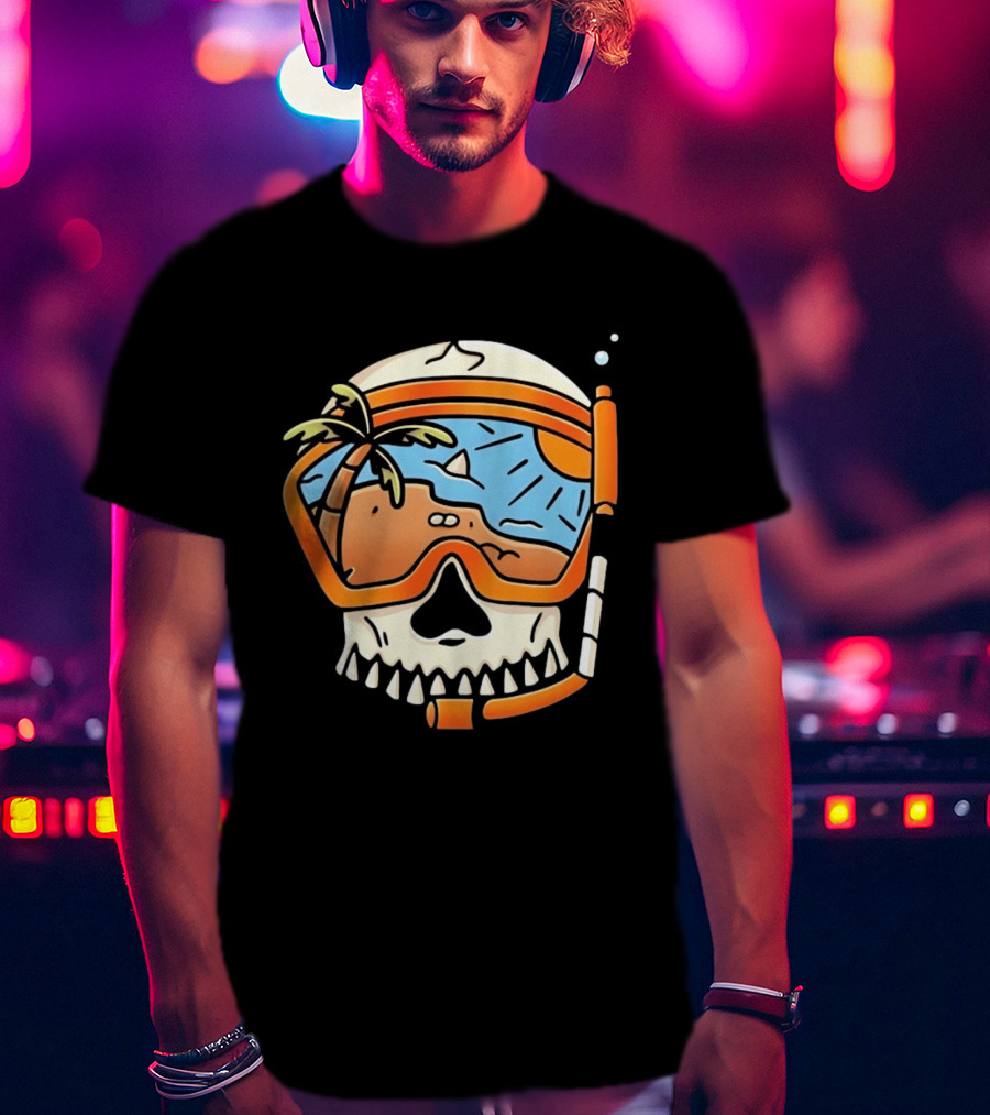 Skull Wearing Snorkel Mask With Tropical Beach Scene Palm Tree Sun T-Shirt