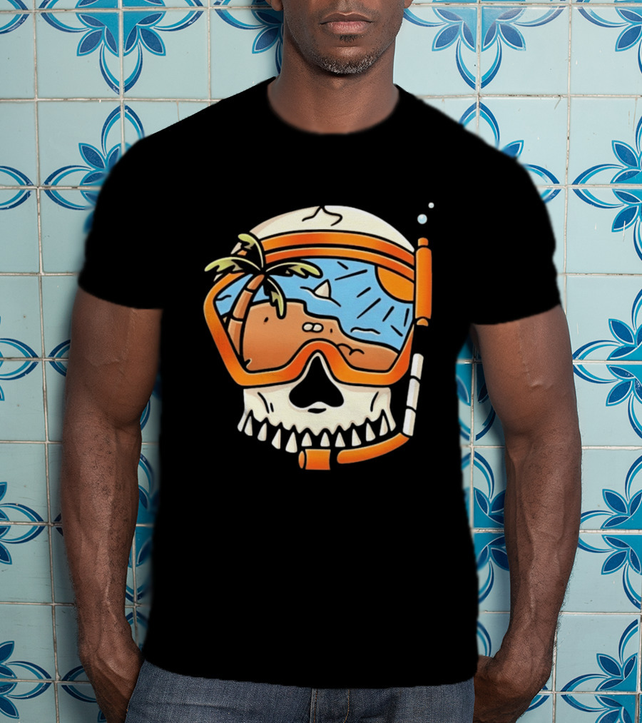 Skull Wearing Snorkel Mask With Tropical Beach Scene Palm Tree Sun T-Shirt