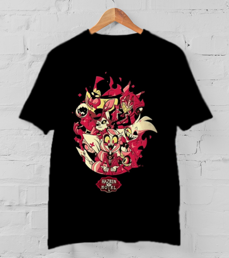 Hazbin Hotel Demon Characters Group Red Sparkles Cartoon Alastor Angel Dust Charlie Vaggie T-Shirt