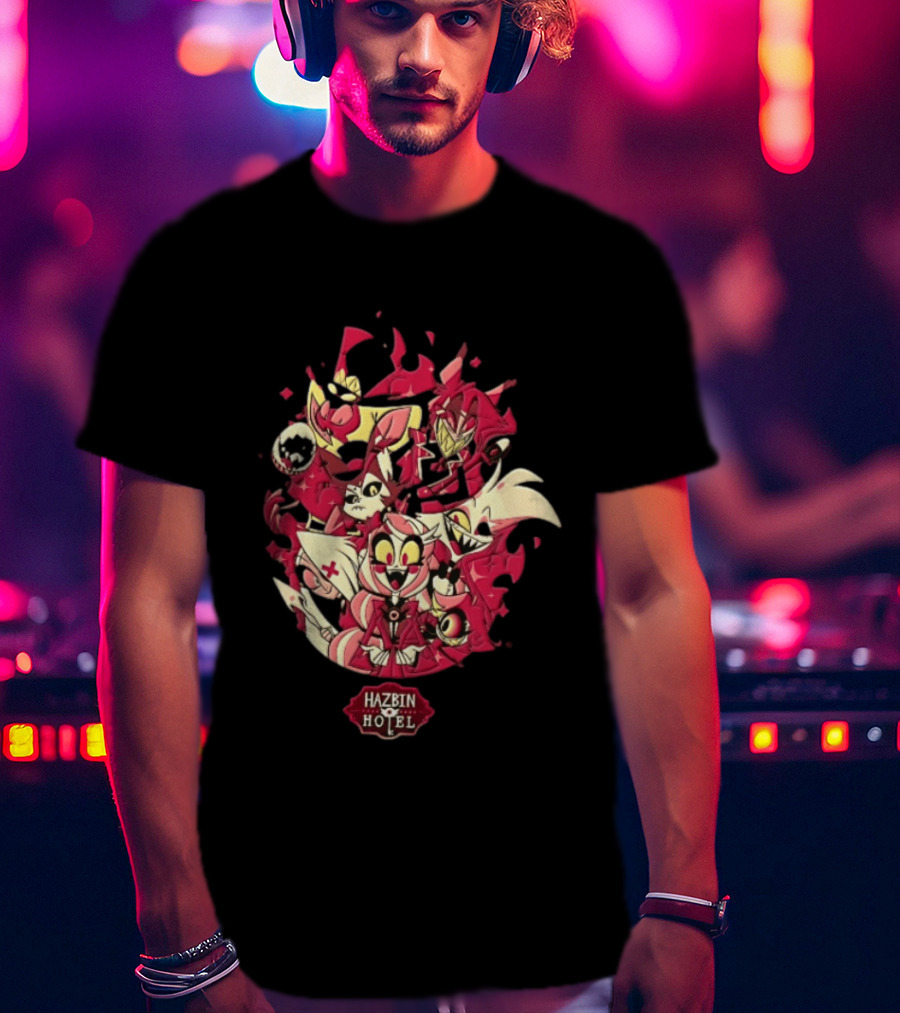 Hazbin Hotel Demon Characters Group Red Sparkles Cartoon Alastor Angel Dust Charlie Vaggie T-Shirt