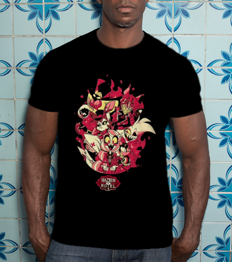 Hazbin Hotel Demon Characters Group Red Sparkles Cartoon Alastor Angel Dust Charlie Vaggie T-Shirt