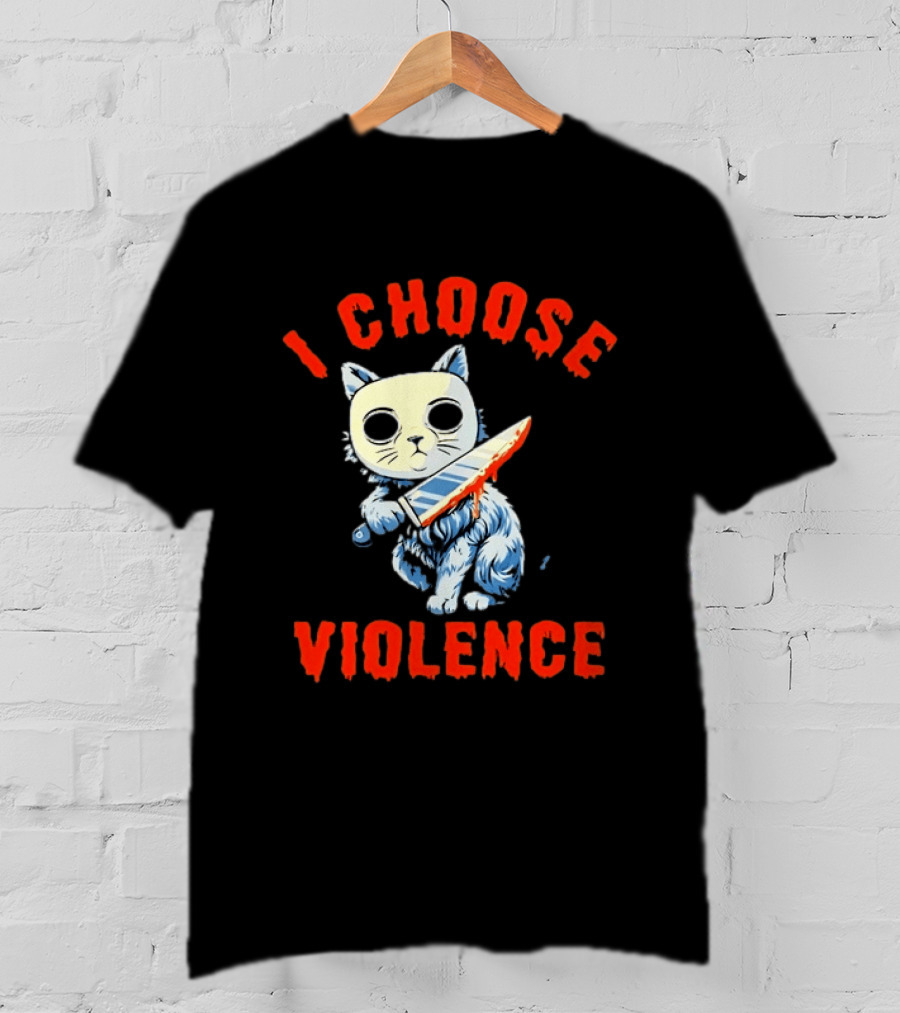 I Choose Violence Cat With Knife Horror Creepy Mask T-Shirt