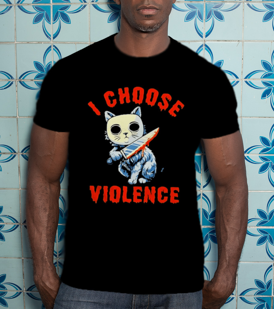 I Choose Violence Cat With Knife Horror Creepy Mask T-Shirt
