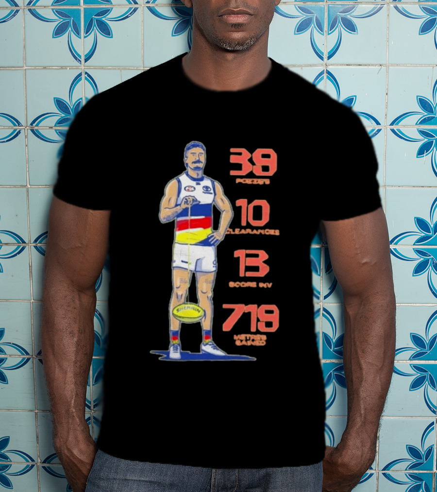 Izak Rankine Adelaide Crows 39 Pozzies 10 Clearances 13 Score Inv 719 Metres Gained AFL Sherrin Rugby Stats T-Shirt