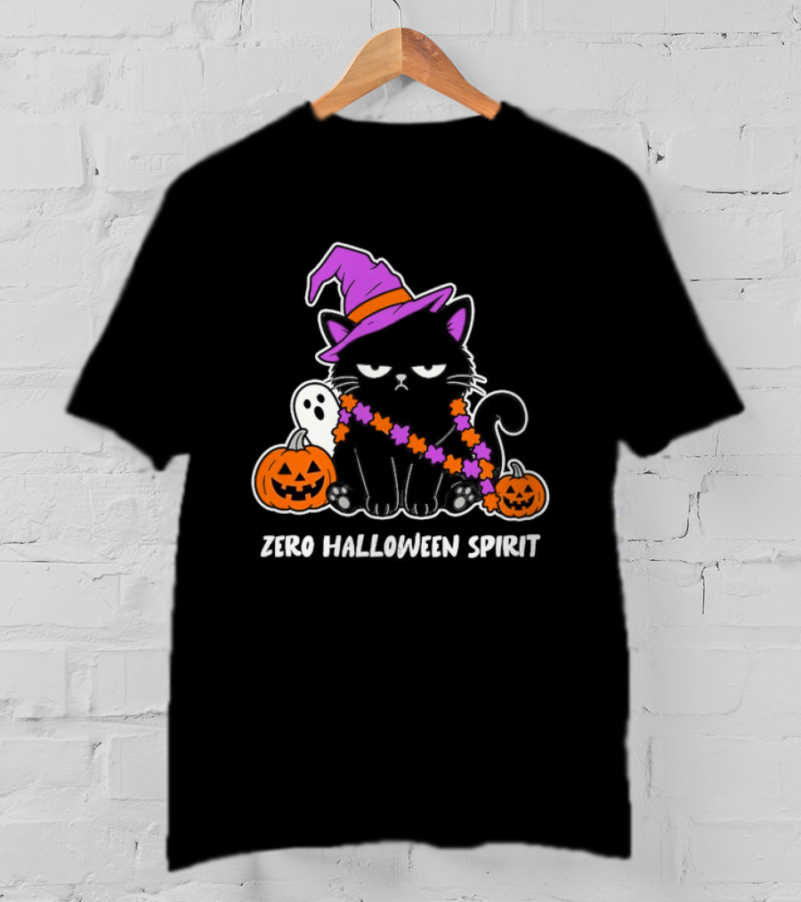 Zero Halloween Spirit Grumpy Black Cat With Pumpkin Ghost And Hat T-Shirt