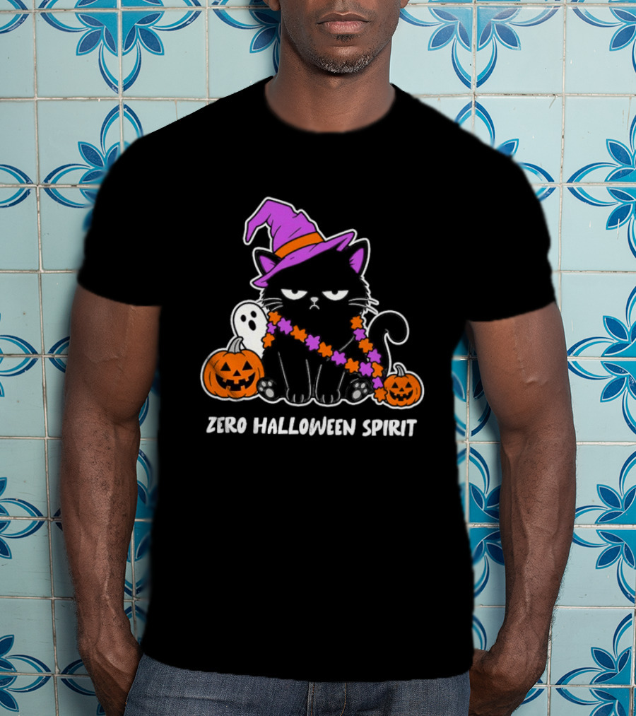 Zero Halloween Spirit Grumpy Black Cat With Pumpkin Ghost And Hat T-Shirt