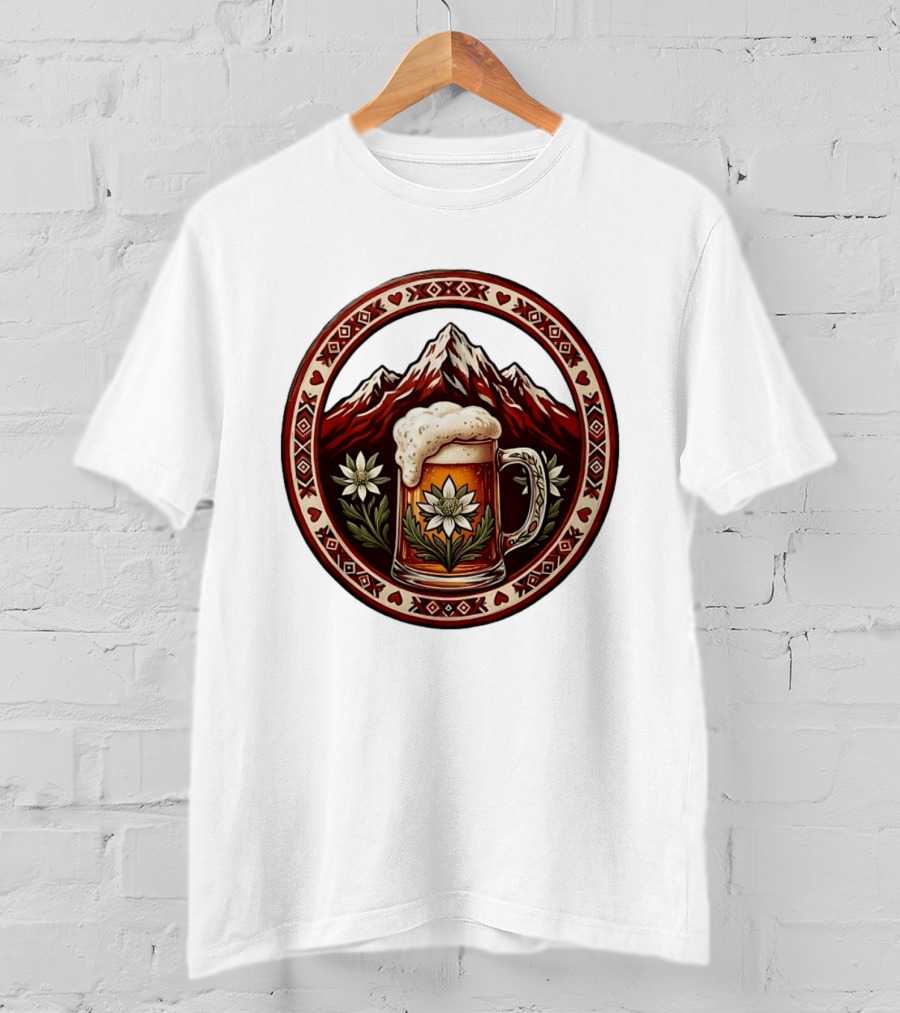 Alpine Beer Edelweiss Mountain Peaks Bavarian Heart Border T-Shirt