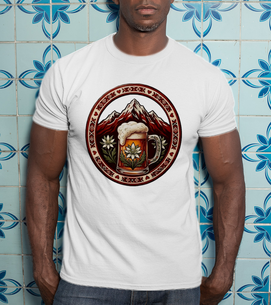 Alpine Beer Edelweiss Mountain Peaks Bavarian Heart Border T-Shirt