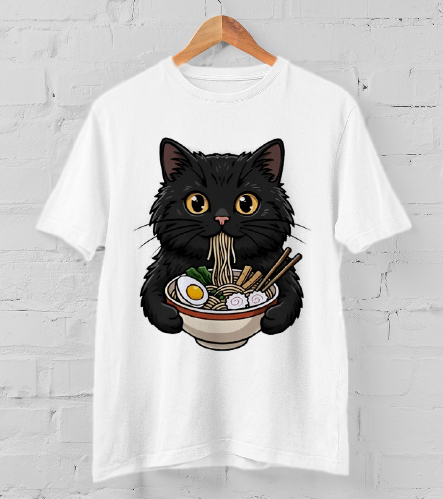 Black Cat Enjoying Ramen Noodles Anime T-Shirt