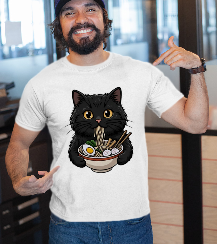 Black Cat Enjoying Ramen Noodles Anime T-Shirt