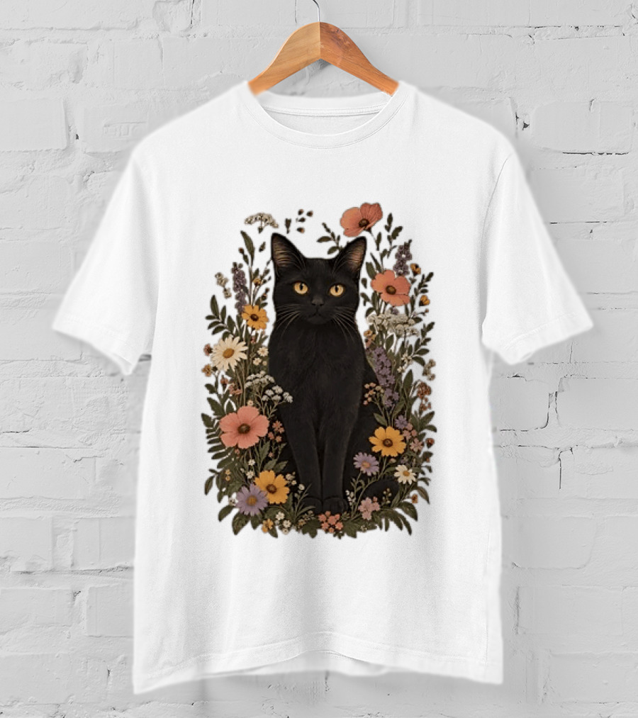 Black Cat In Blooming Garden Of Wildflowers T-Shirt