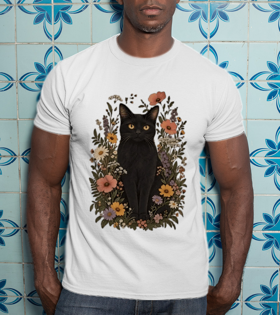 Black Cat In Blooming Garden Of Wildflowers T-Shirt