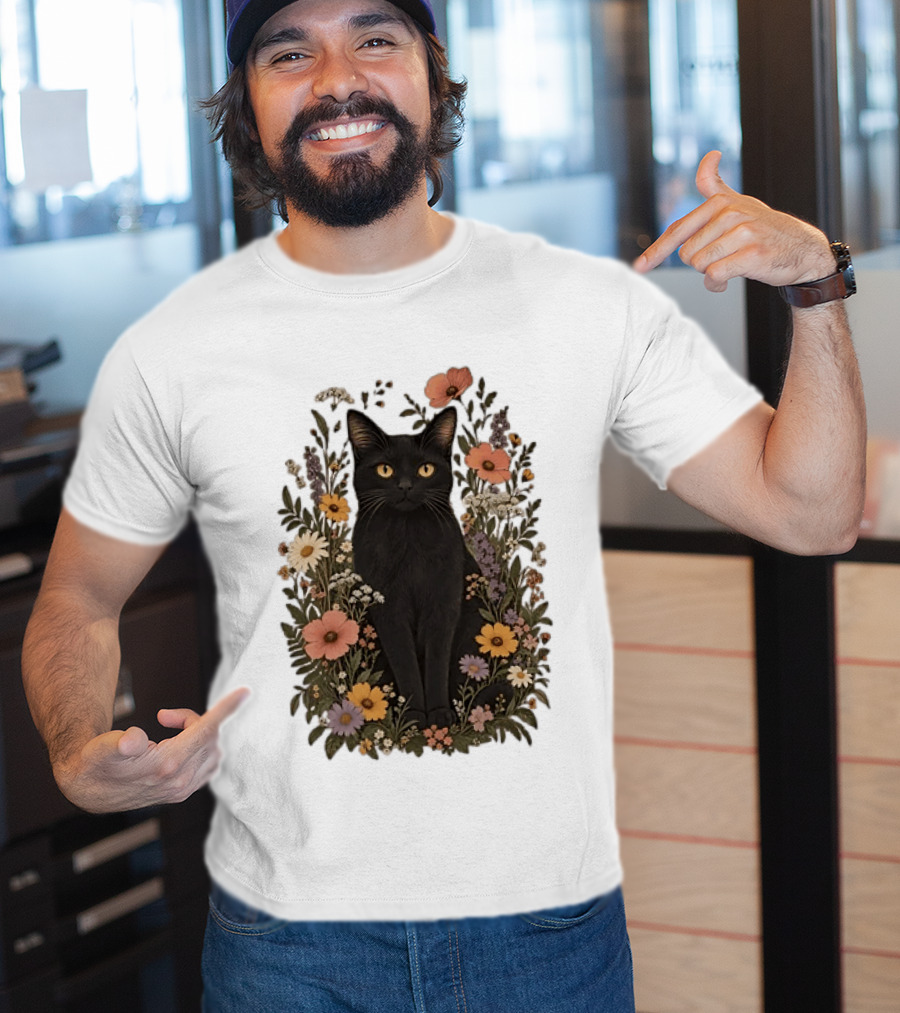 Black Cat In Blooming Garden Of Wildflowers T-Shirt