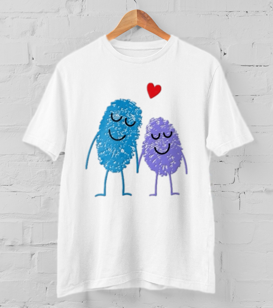 Blue Purple Fingerprint Characters Holding Hands Red Heart Cartoon T-Shirt