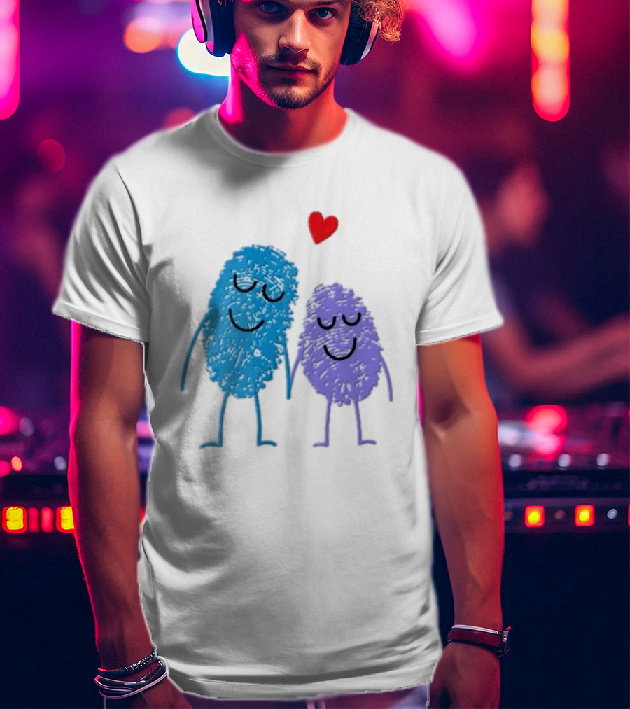 Blue Purple Fingerprint Characters Holding Hands Red Heart Cartoon T-Shirt