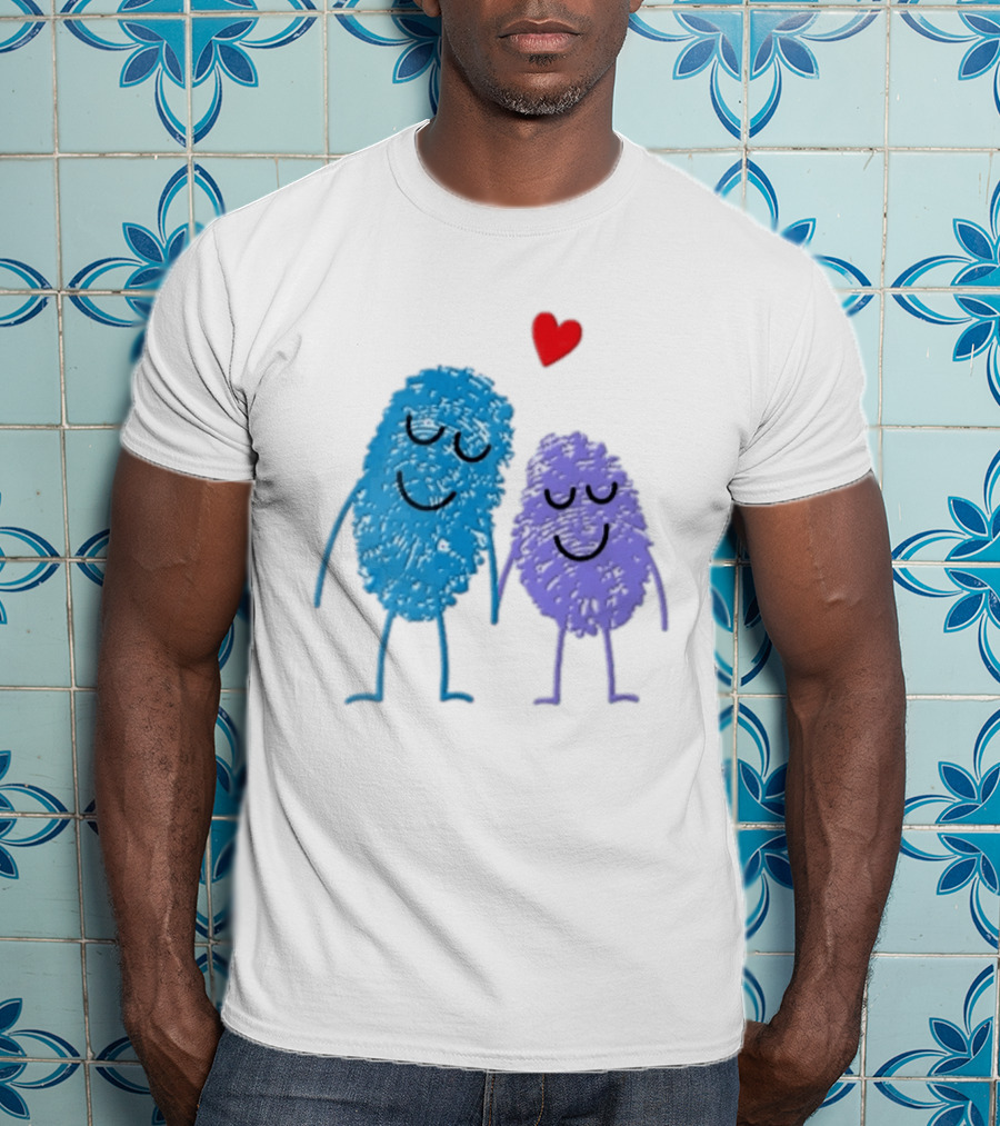 Blue Purple Fingerprint Characters Holding Hands Red Heart Cartoon T-Shirt
