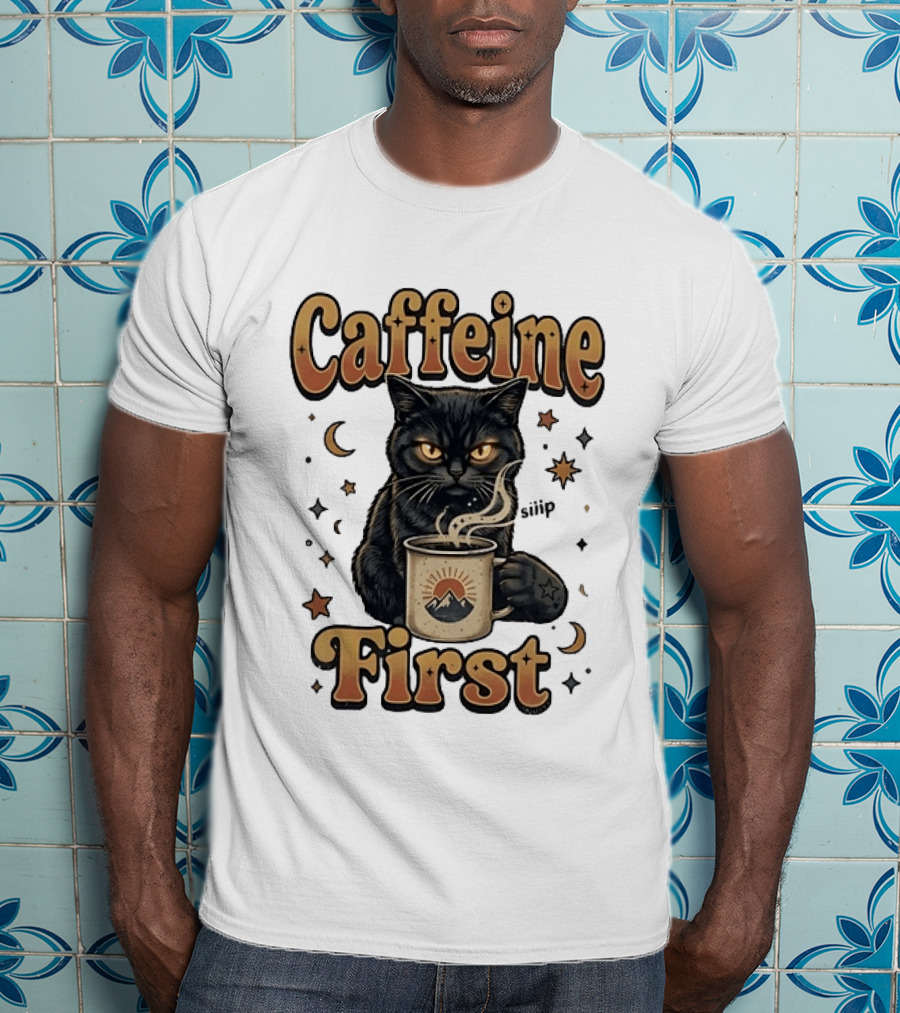 Caffeine First Cat With Coffee Moon Stars T-Shirt
