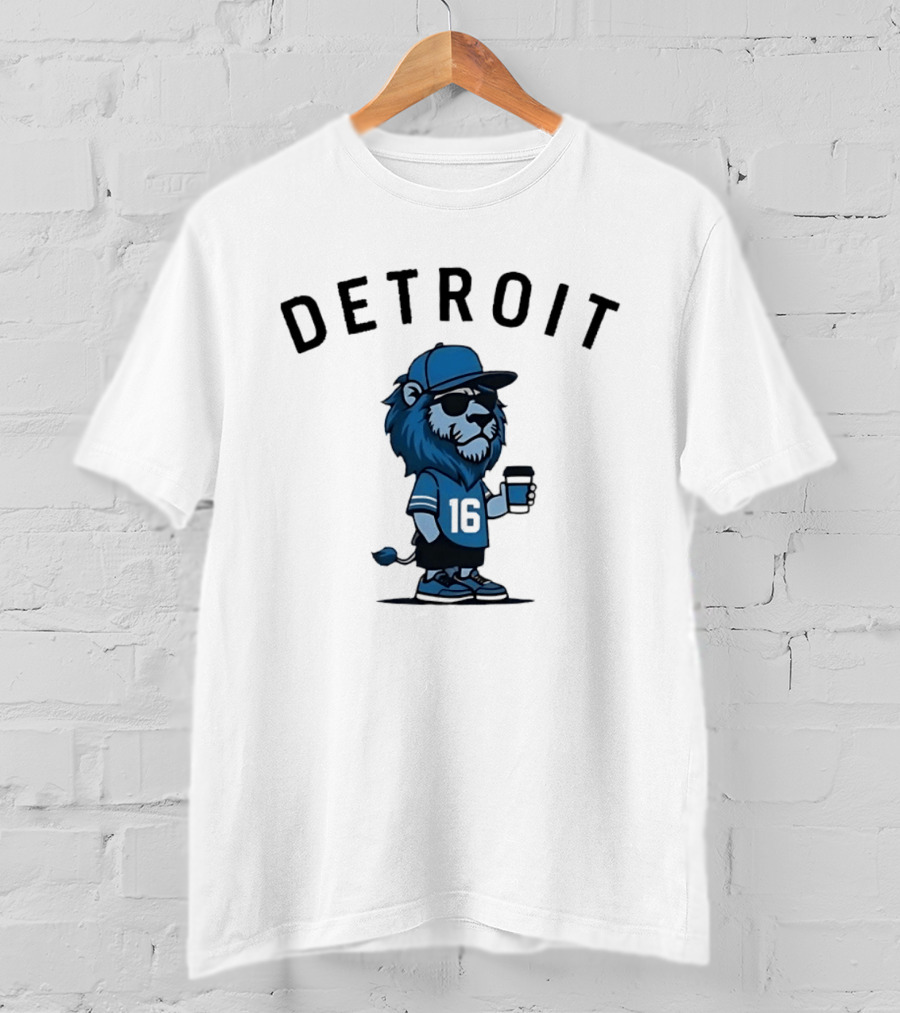 Detroit Lions Lion Mascot Jersey 16 With Coffee T-Shirt