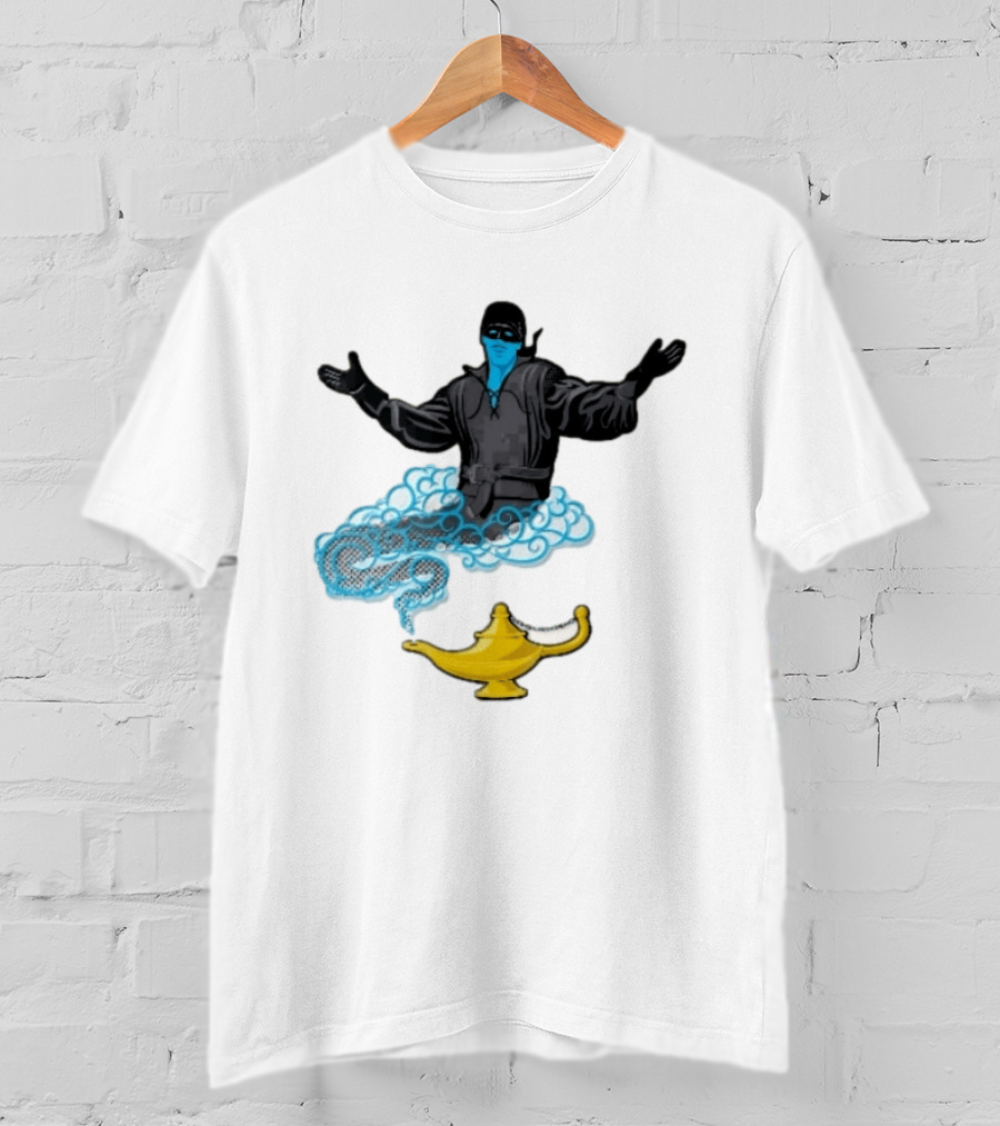 Dread Pirate Roberts Genie Man In Black With Golden Magic Lamp Halftone Cartoon T-Shirt