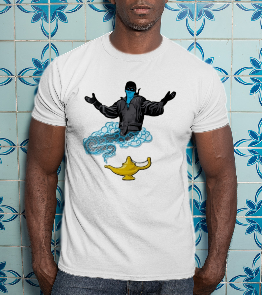 Dread Pirate Roberts Genie Man In Black With Golden Magic Lamp Halftone Cartoon T-Shirt