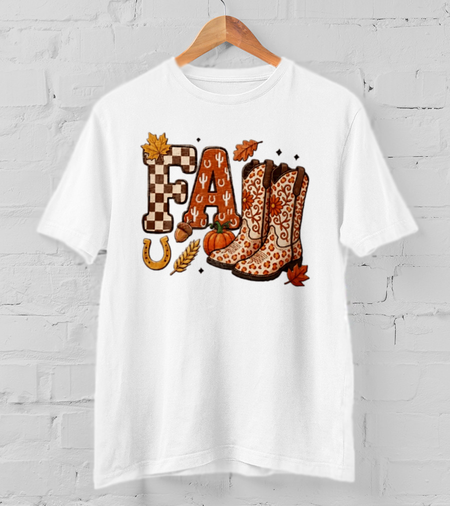 Fall Western Cowboy Boots Pumpkin Horseshoe Wheat Harvest Season T-Shirt