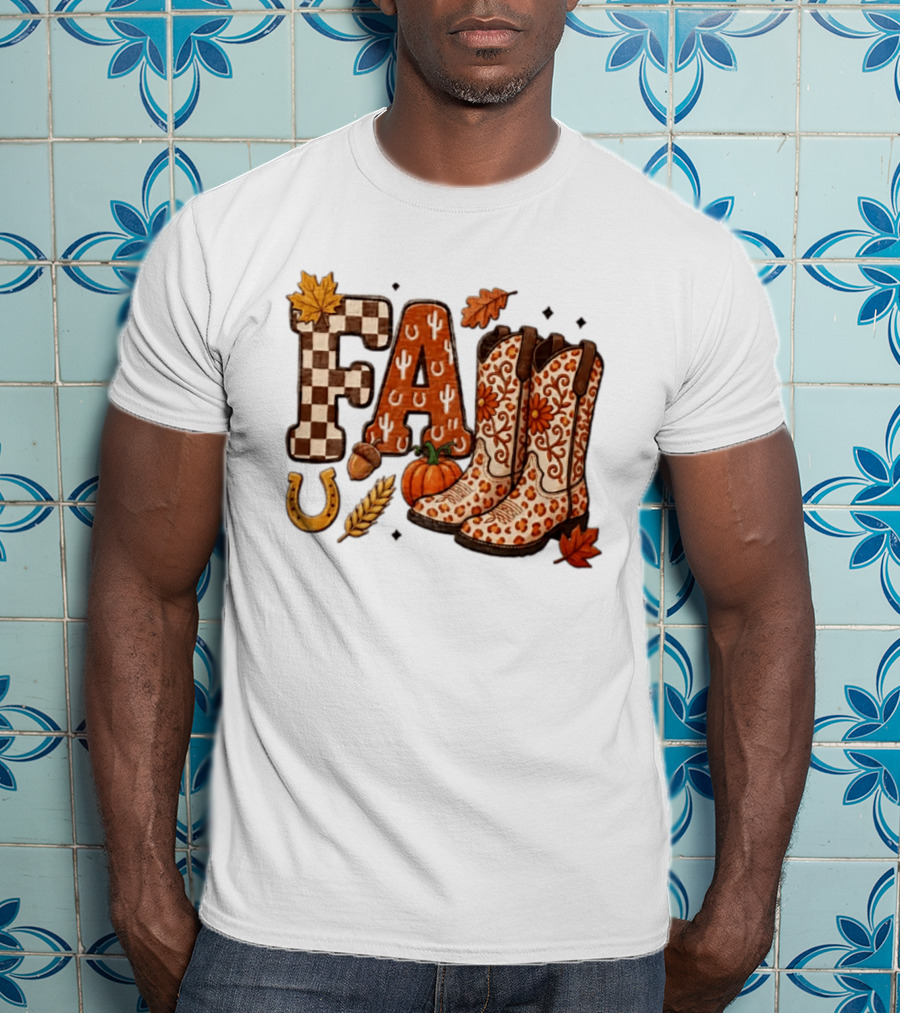 Fall Western Cowboy Boots Pumpkin Horseshoe Wheat Harvest Season T-Shirt