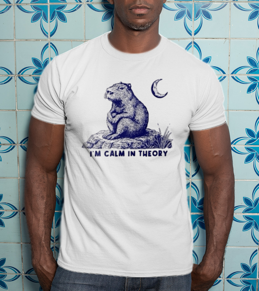 I'm Calm In Theory Capybara Sitting On Rock Under Crescent Moon T-Shirt