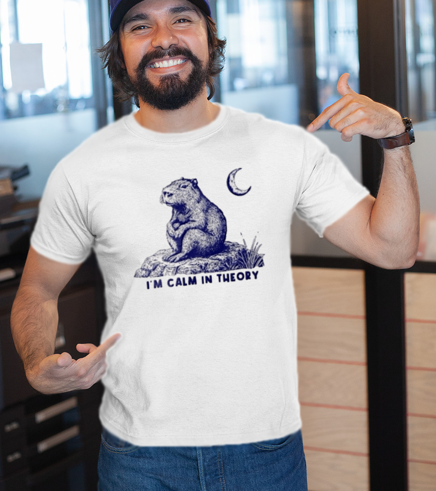 I'm Calm In Theory Capybara Sitting On Rock Under Crescent Moon T-Shirt