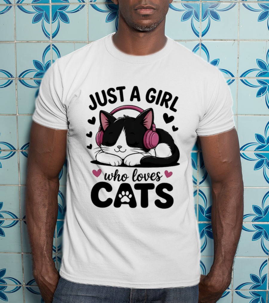 Just A Girl Who Loves Cats Kitten With Headphones T-Shirt
