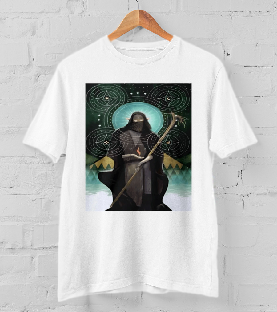 Mystical Elf Mage Staff Elemental Magic Symbols Enchanted Circles T-Shirt
