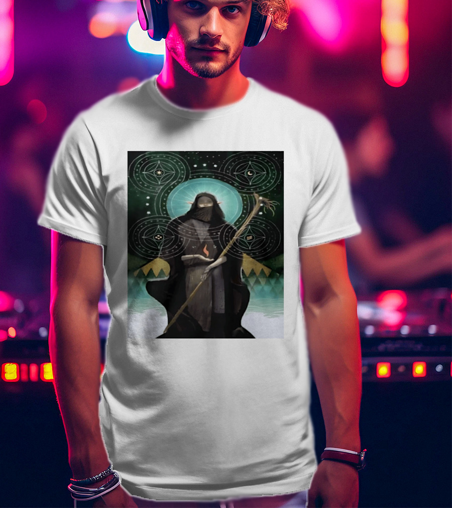 Mystical Elf Mage Staff Elemental Magic Symbols Enchanted Circles T-Shirt