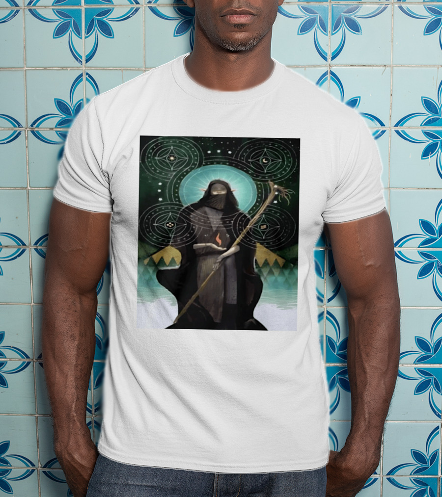 Mystical Elf Mage Staff Elemental Magic Symbols Enchanted Circles T-Shirt