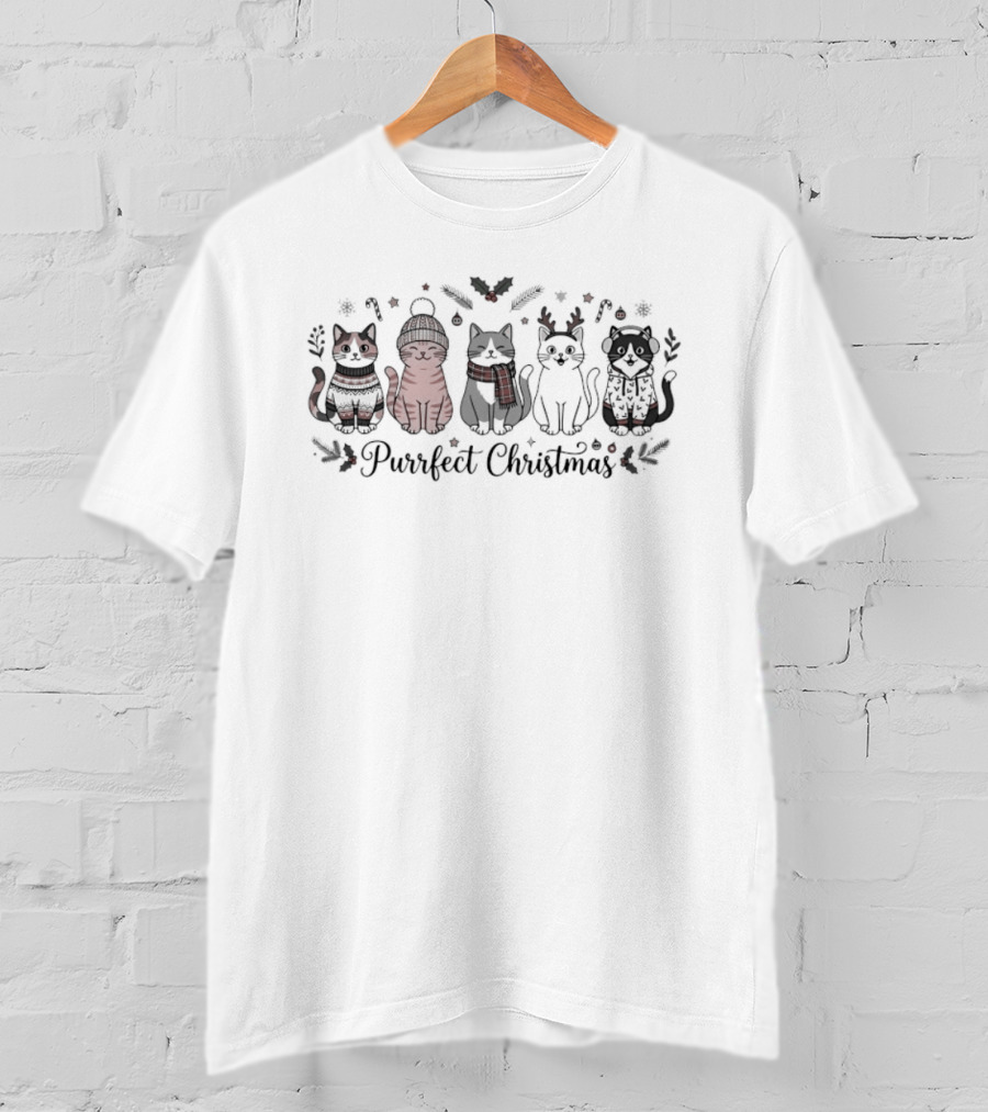 Purrfect Christmas Cats In Festive Winter Outfits T-Shirt
