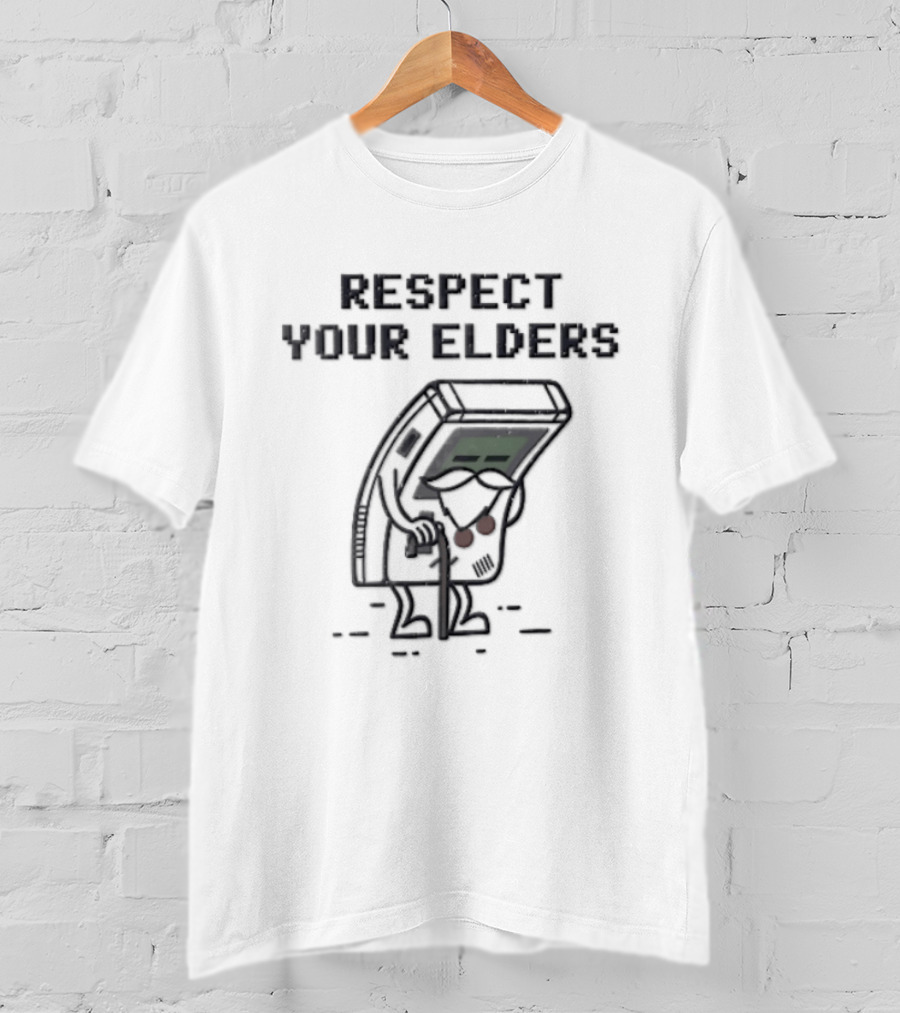 Respect Your Elders Distressed Cartoon Game Boy Walking Cane T-Shirt