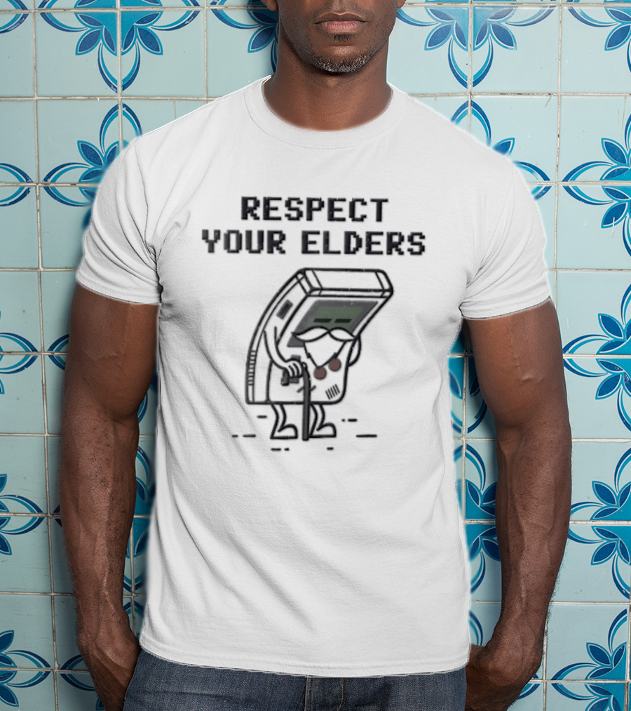 Respect Your Elders Distressed Cartoon Game Boy Walking Cane T-Shirt