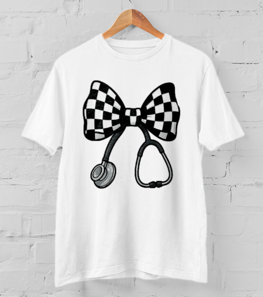 Checkered Bow Stethoscope Medical Nurse T-Shirt