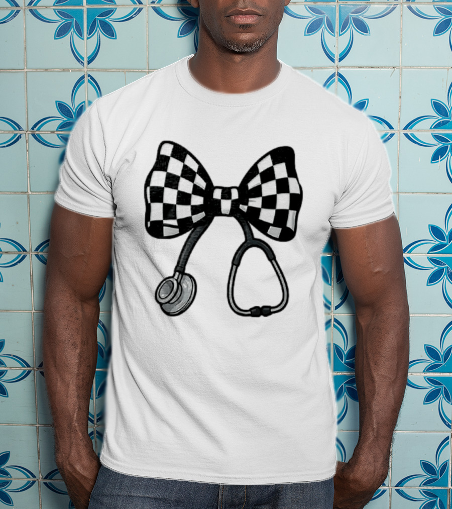 Checkered Bow Stethoscope Medical Nurse T-Shirt