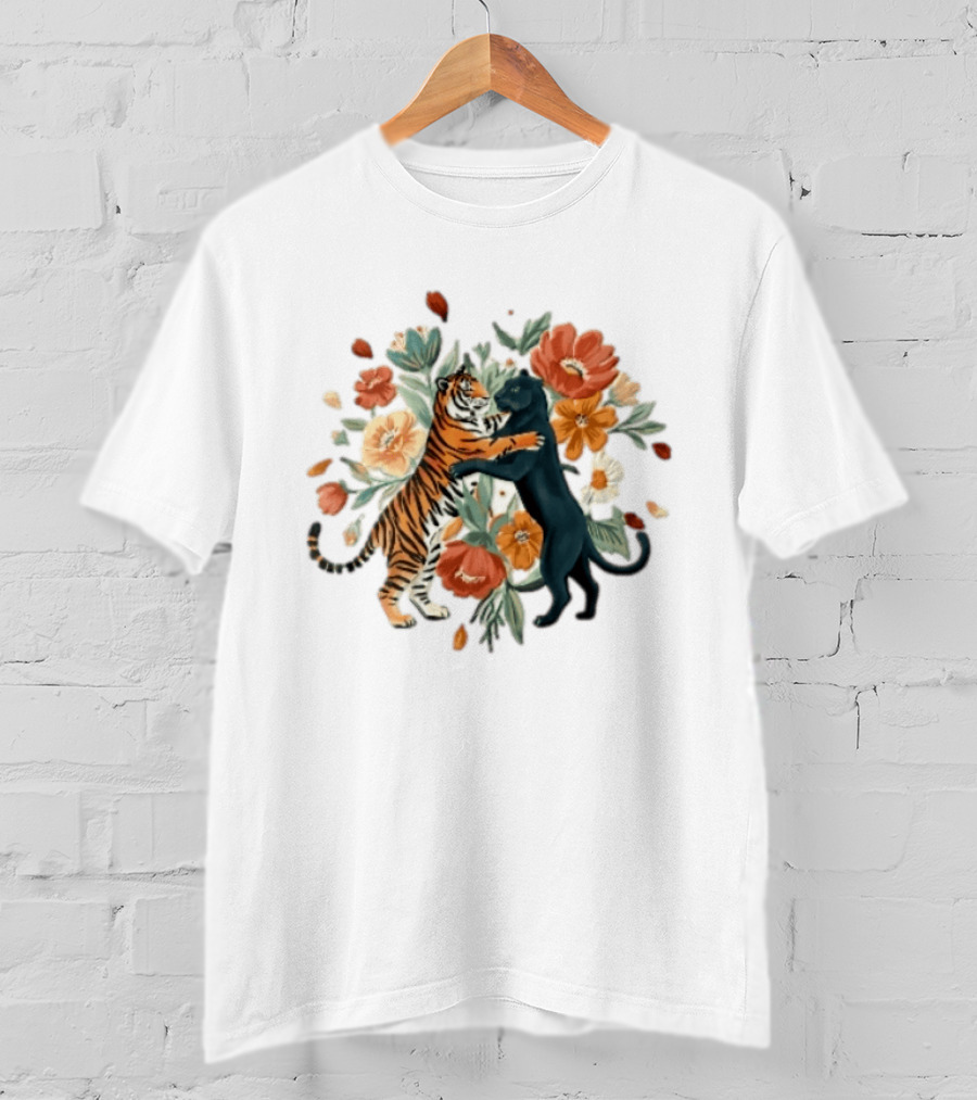 Tiger Black Panther Embrace Floral Bouquet Watercolor T-Shirt