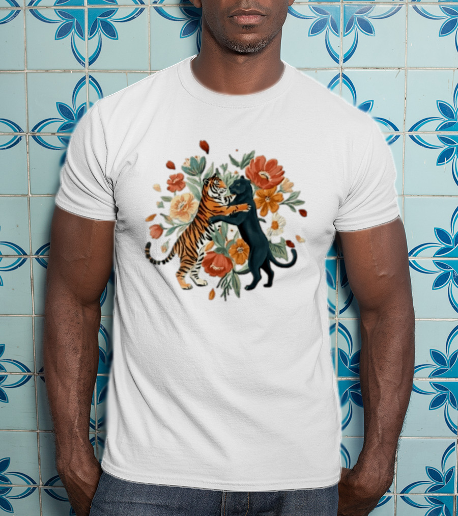 Tiger Black Panther Embrace Floral Bouquet Watercolor T-Shirt