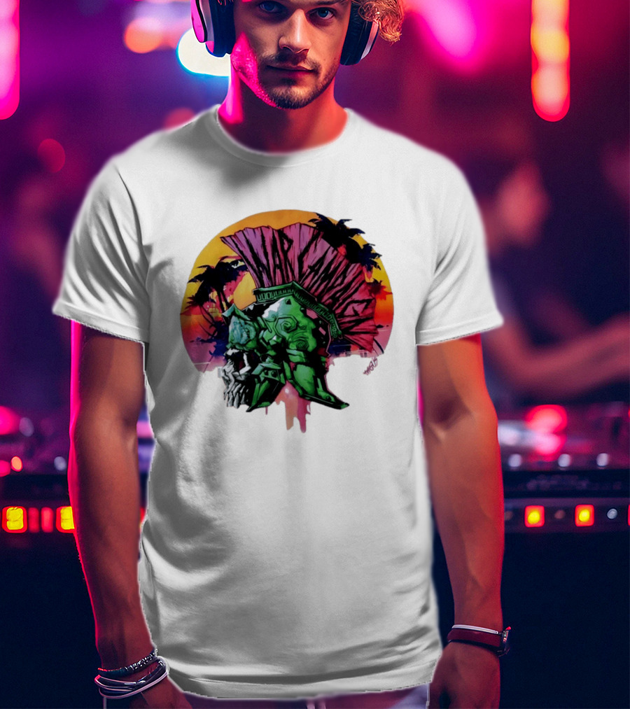 Warcraft Skull Spartan Helmet Tropical Sunset T-Shirt