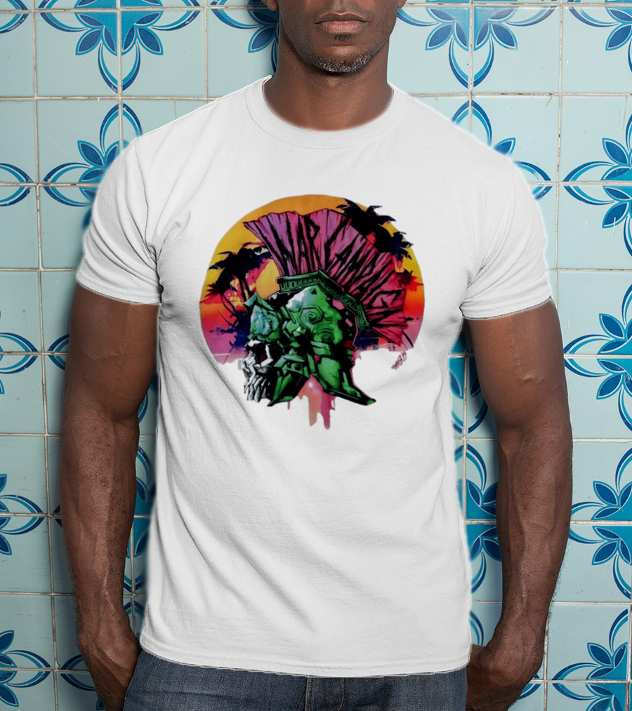 Warcraft Skull Spartan Helmet Tropical Sunset T-Shirt