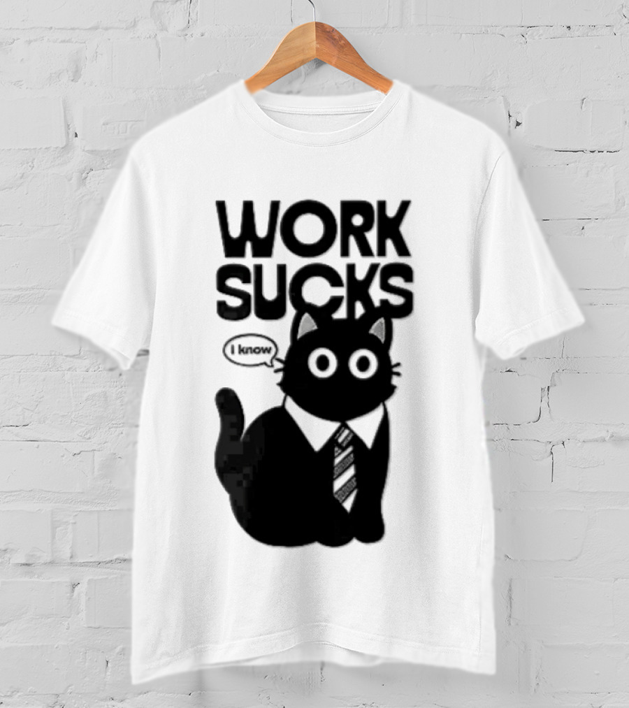 Work Sucks I Know Cartoon Black Cat T-Shirt