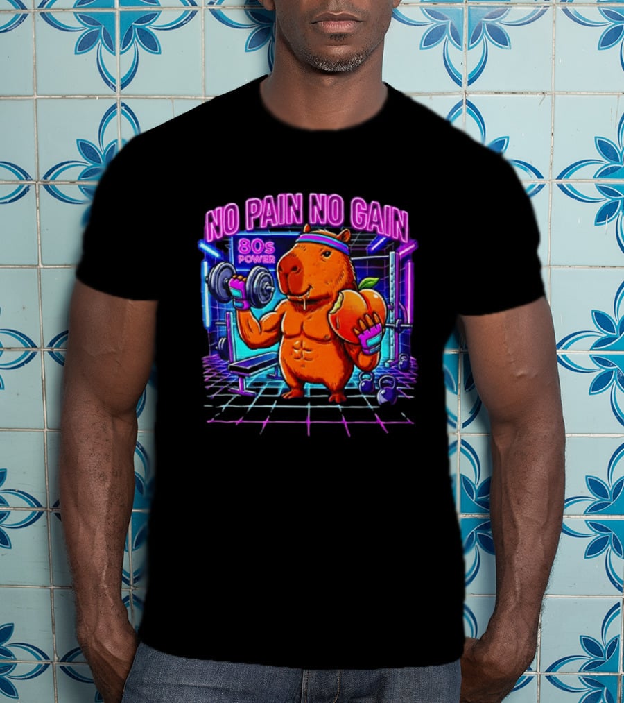 Capybara No Pain No Gain 80s Power Lifting Fitness Workout Gym T-Shirt
