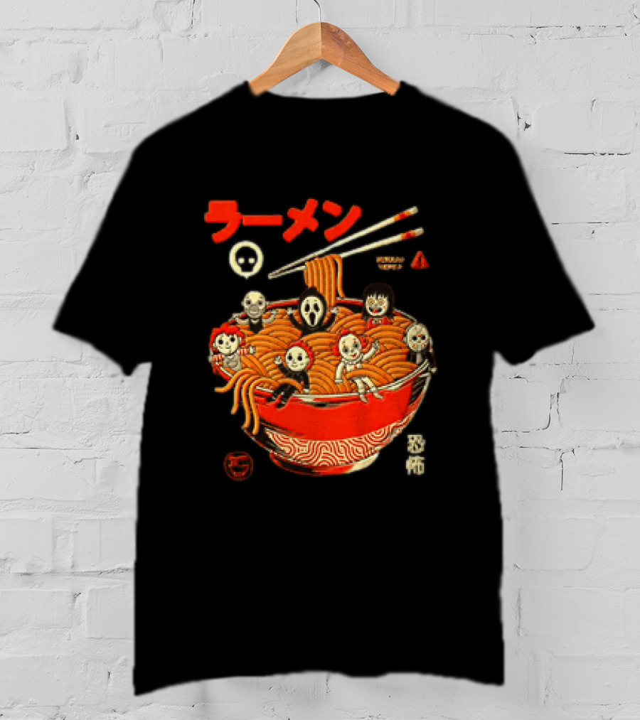 Chucky Ghostface Kayako Michael Myers Pennywise Jason Voorhees Ramen Horror Characters Eat Scream T-Shirt