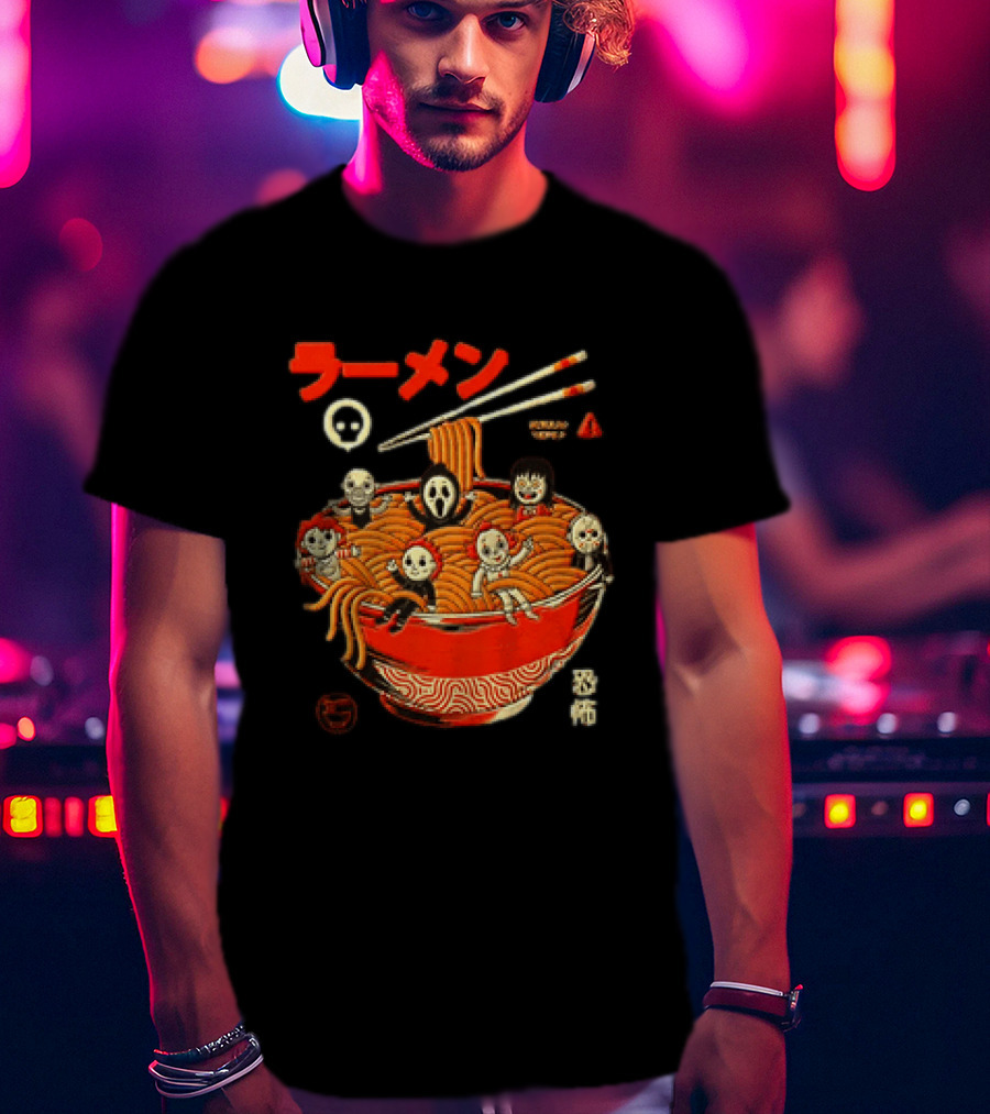 Chucky Ghostface Kayako Michael Myers Pennywise Jason Voorhees Ramen Horror Characters Eat Scream T-Shirt