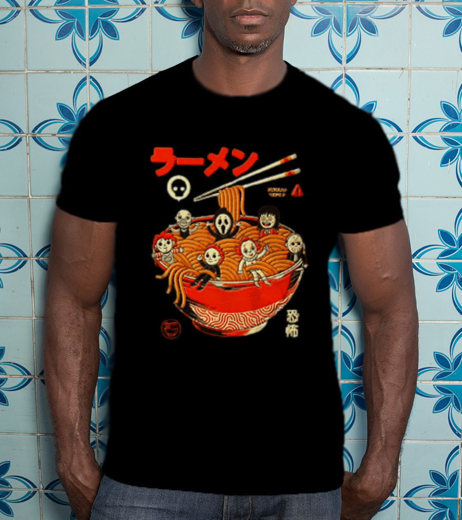 Chucky Ghostface Kayako Michael Myers Pennywise Jason Voorhees Ramen Horror Characters Eat Scream T-Shirt