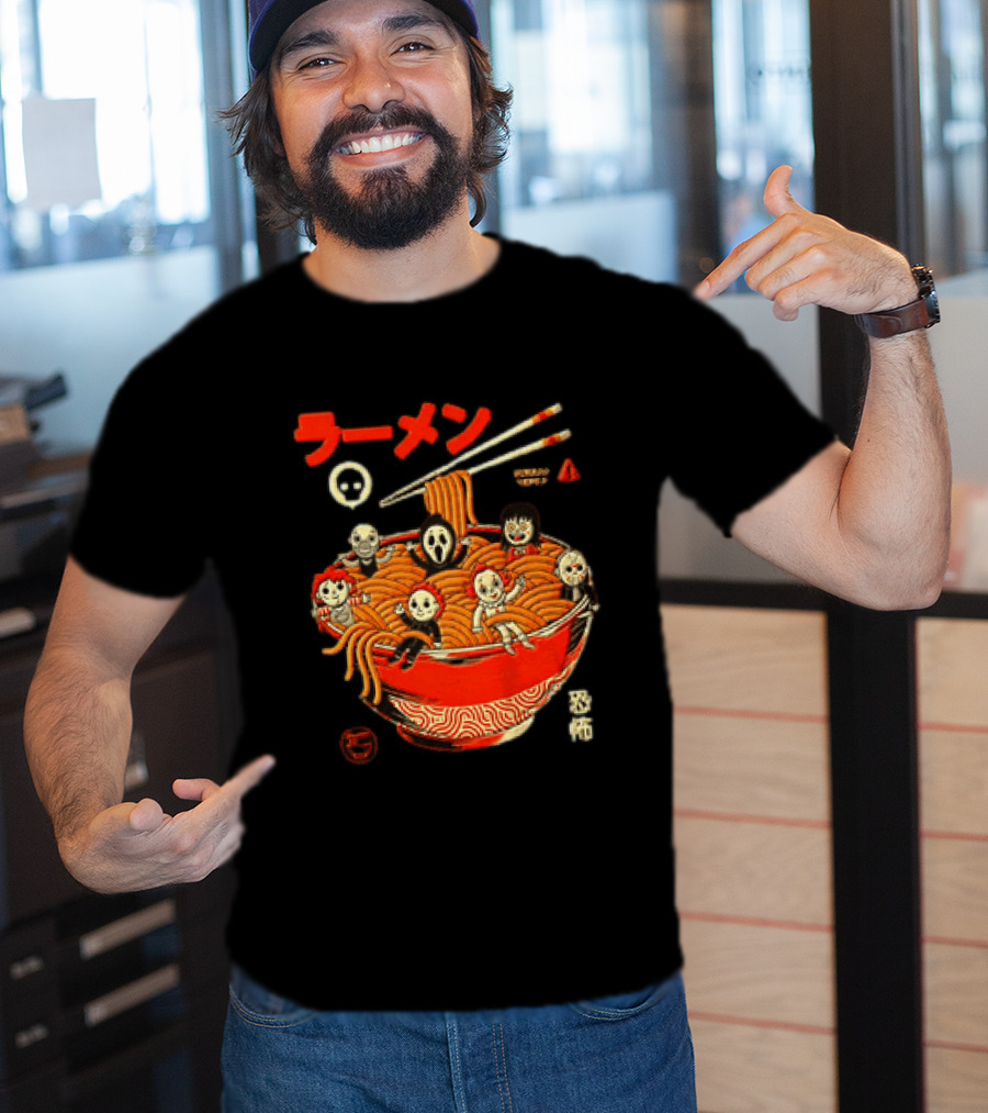 Chucky Ghostface Kayako Michael Myers Pennywise Jason Voorhees Ramen Horror Characters Eat Scream T-Shirt