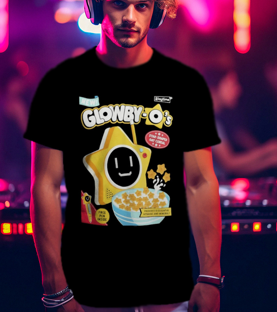 NEW Playtime Co Glowby O's Star Shaped Oat Cereal Box With Smiling Star And Bowl Of Cereal Bites T-Shirt